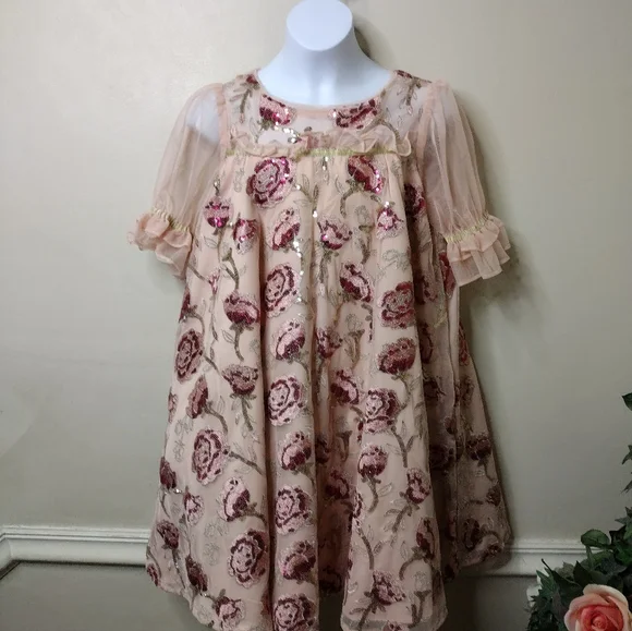 Disney Store Girl's "Belle" Pink Embroidered & Sequinned Rose Patterned Dress - Picture 11 of 11